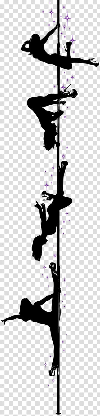Four silhouetted dancers performing dynamic pole dance poses with purple sparkles on transparent background.