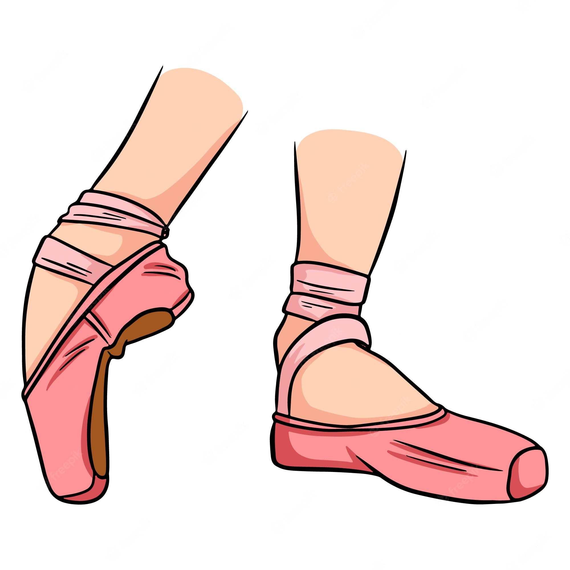 Pink ballet pointe shoes on dancer’s feet, one en pointe and one flat, with ribbons wrapped around ankles.