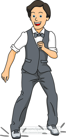Smiling cartoon man in gray vest, white shirt, bow tie, and trousers, dancing joyfully with dynamic pose.