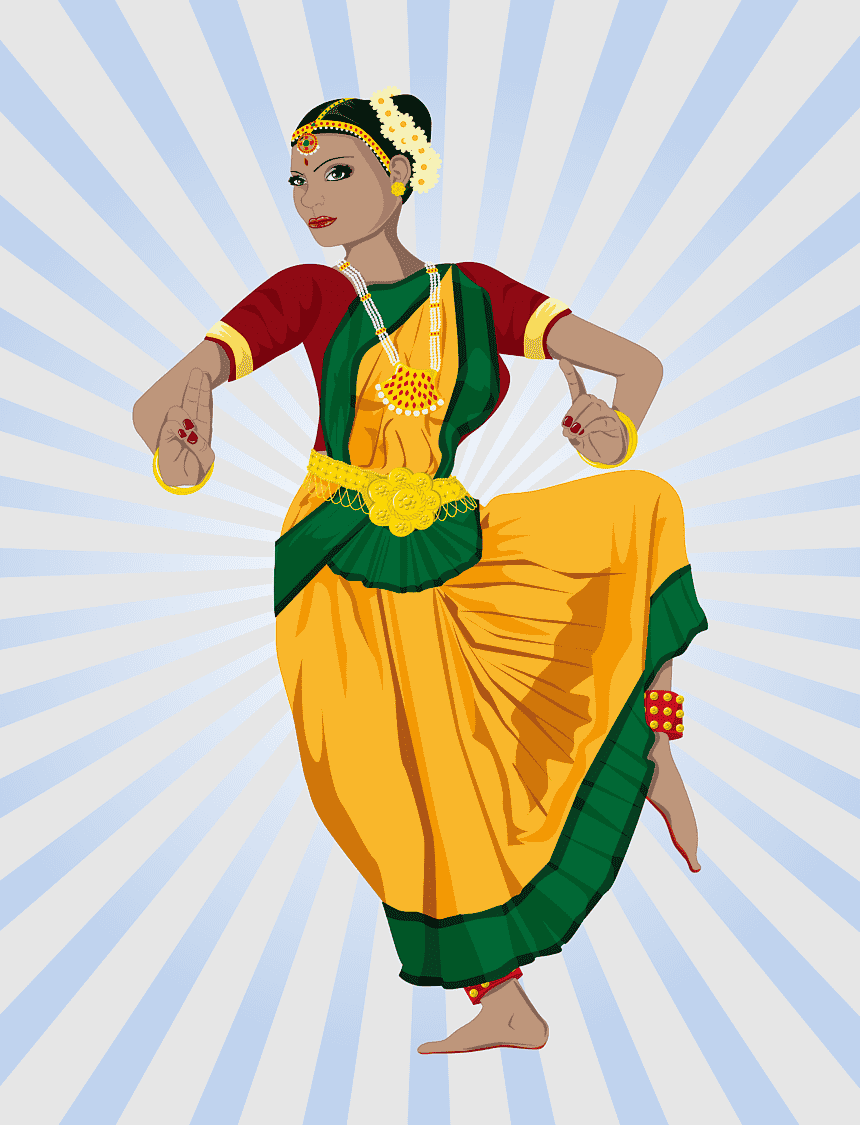 Indian classical dancer in vibrant yellow and green costume performing a traditional pose against a radiant blue background.