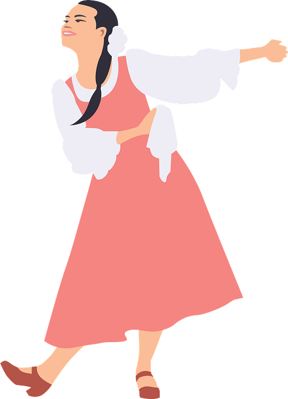 A woman in traditional folk attire dancing joyfully, wearing a coral dress, white puffed sleeves, and brown sandals.
