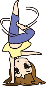 A cartoon girl with long brown hair performing a handstand, wearing a yellow top and blue pants, smiling playfully.