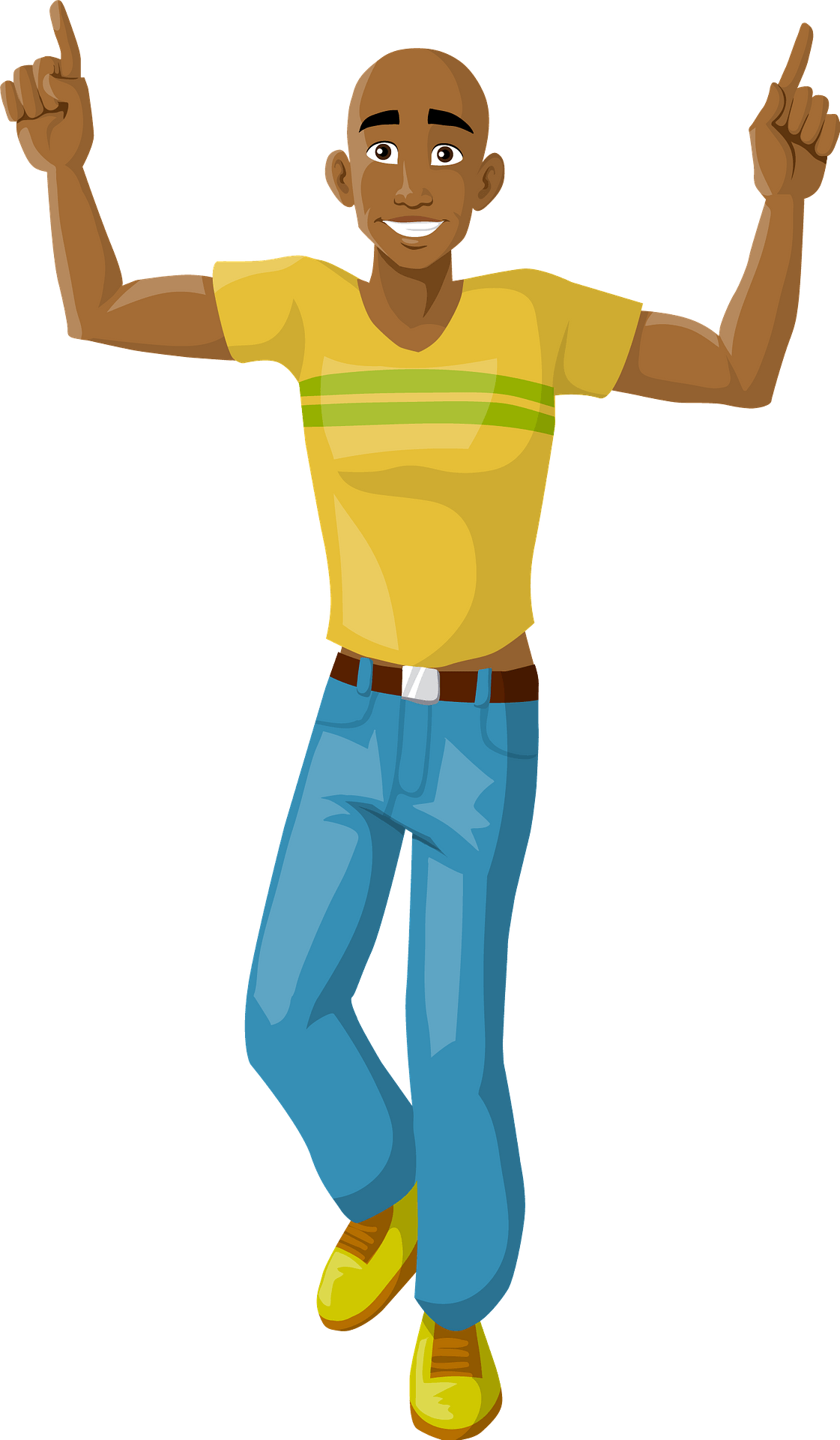Smiling bald Black man in yellow shirt and blue jeans pointing upward with both index fingers, mid-jump pose.