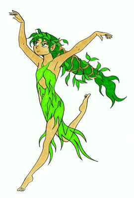 A graceful green-skinned forest spirit with leafy hair and vine-like attire dancing mid-leap against a white background.