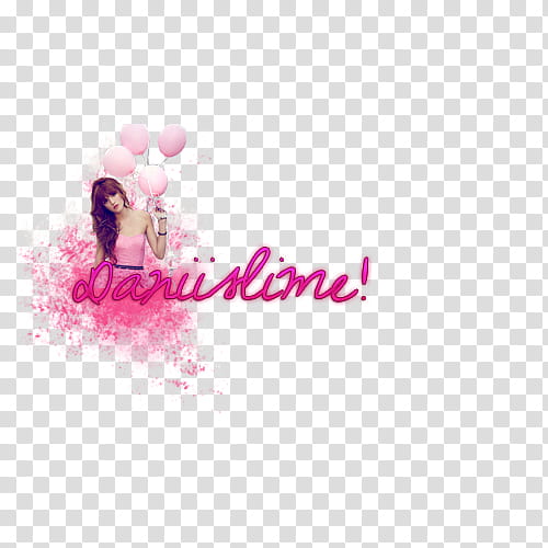 A young woman in a pink top holding pink balloons with "Dani slime!" written in cursive pink text amid a pink splash effect.
