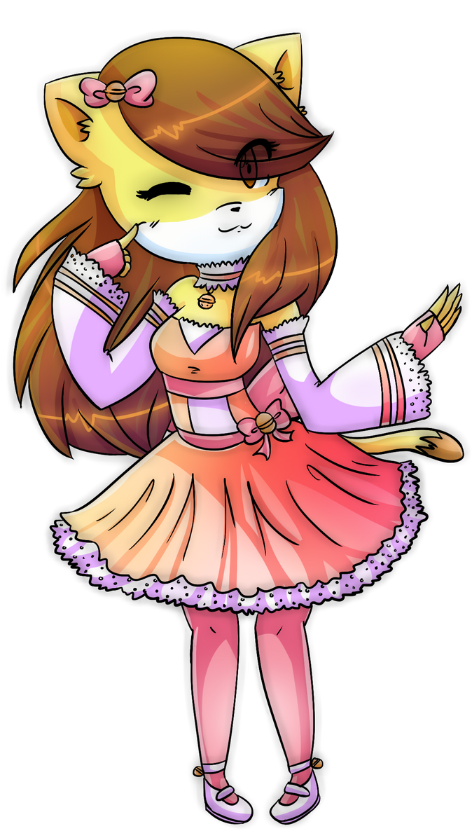 Chibi-style anthropomorphic cat girl with brown hair, pink bow, and frilly peach-pink dress winking playfully.