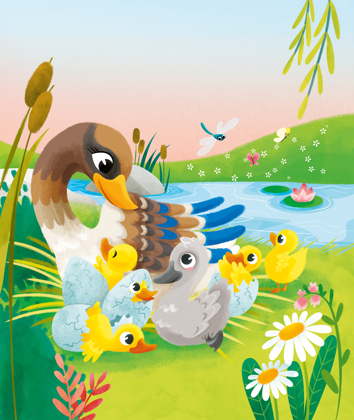 A mother duck shelters her ducklings and unhatched eggs near a pond, with dragonflies, flowers, and reeds in a sunny meadow.