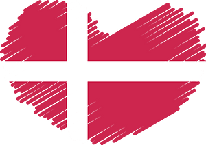 Heart-shaped Danish flag with red background and white Scandinavian cross, stylized brushstroke texture.