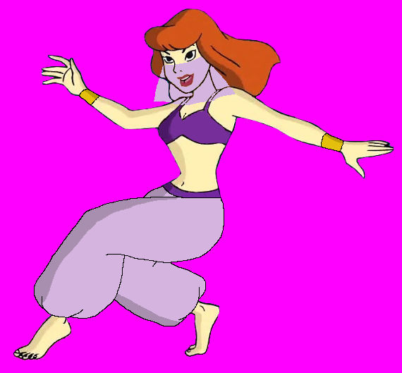 Animated red-haired woman in purple belly dance outfit striking a dynamic pose against magenta background.
