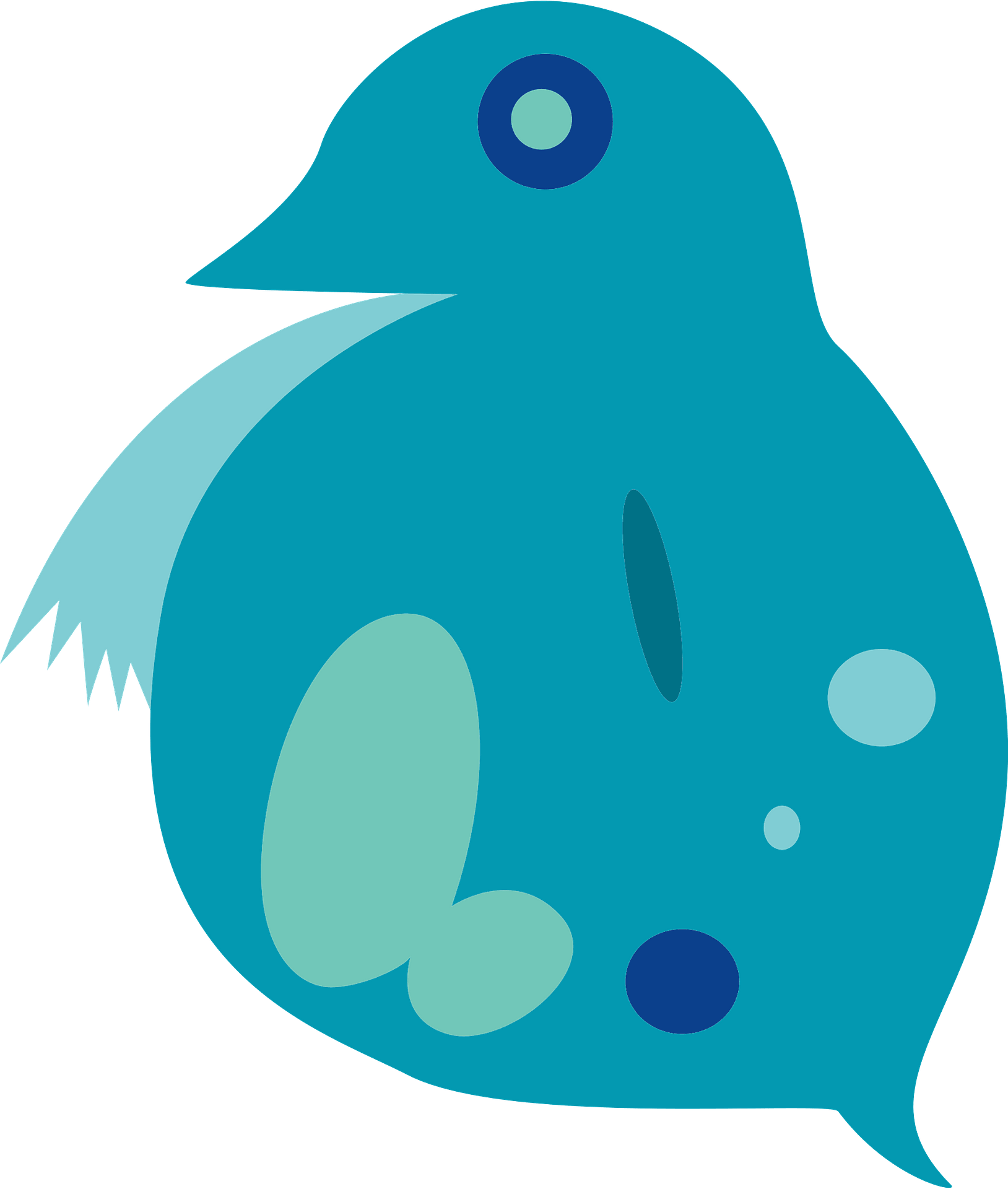 A stylized teal bird with abstract features, including a large eye, wing, and speech-bubble tail.