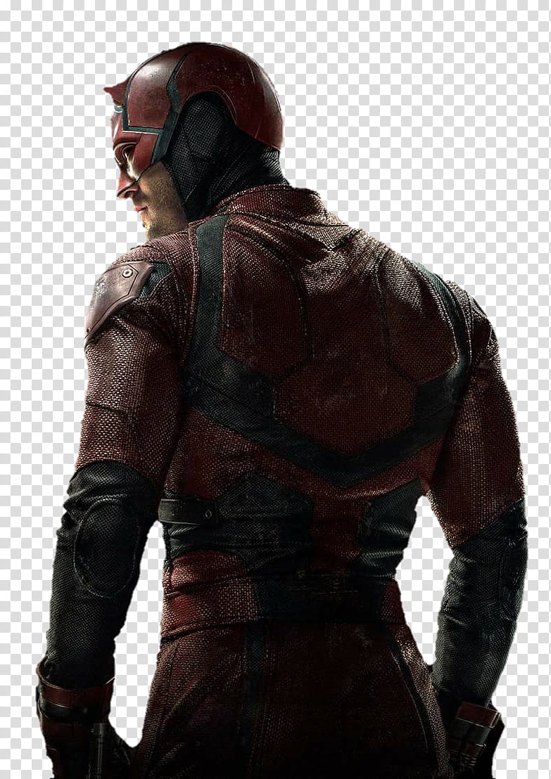 Daredevil in red suit and mask, viewed from behind with textured armor and black accents.