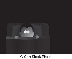 A cartoon person with wide eyes peeking over bed covers in a dark room, appearing scared or anxious at night.
