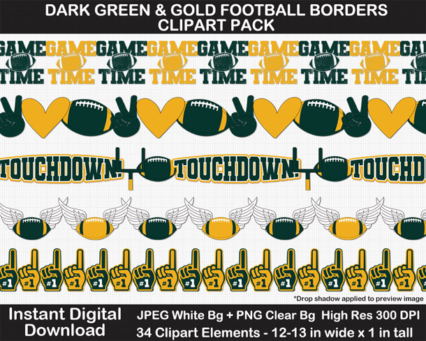 Dark Green & Gold Football Borders Clipart Pack - Instant Digital Download