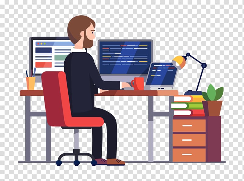Developer coding at a desk with dual monitors, laptop, coffee mug, and office supplies.