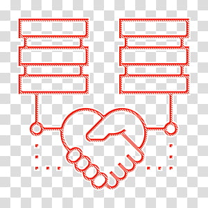 Red line-art icon of two database stacks connected to a handshake forming a heart, symbolizing data partnership or secure integration.