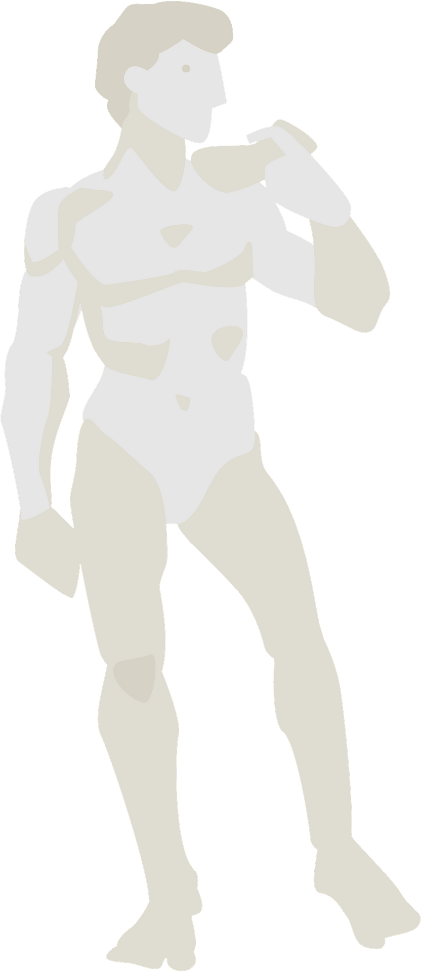 Stylized illustration of a muscular male figure in dynamic pose, minimalist design with neutral tones on teal background.