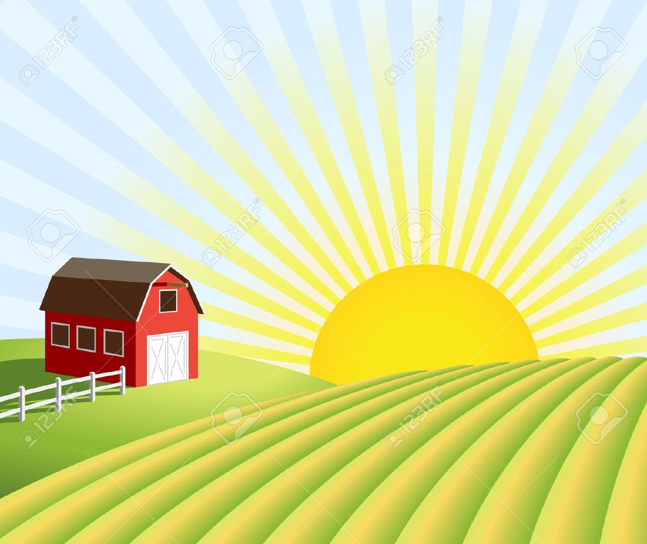 Red barn on green rolling hills with rising sun and radiating light beams in a stylized farm scene.