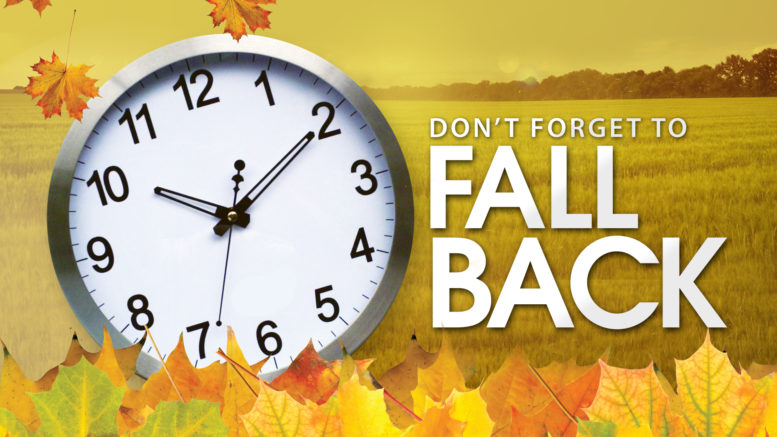 Analog clock showing 10:08 with autumn leaves and text "Don’t Forget to Fall Back"