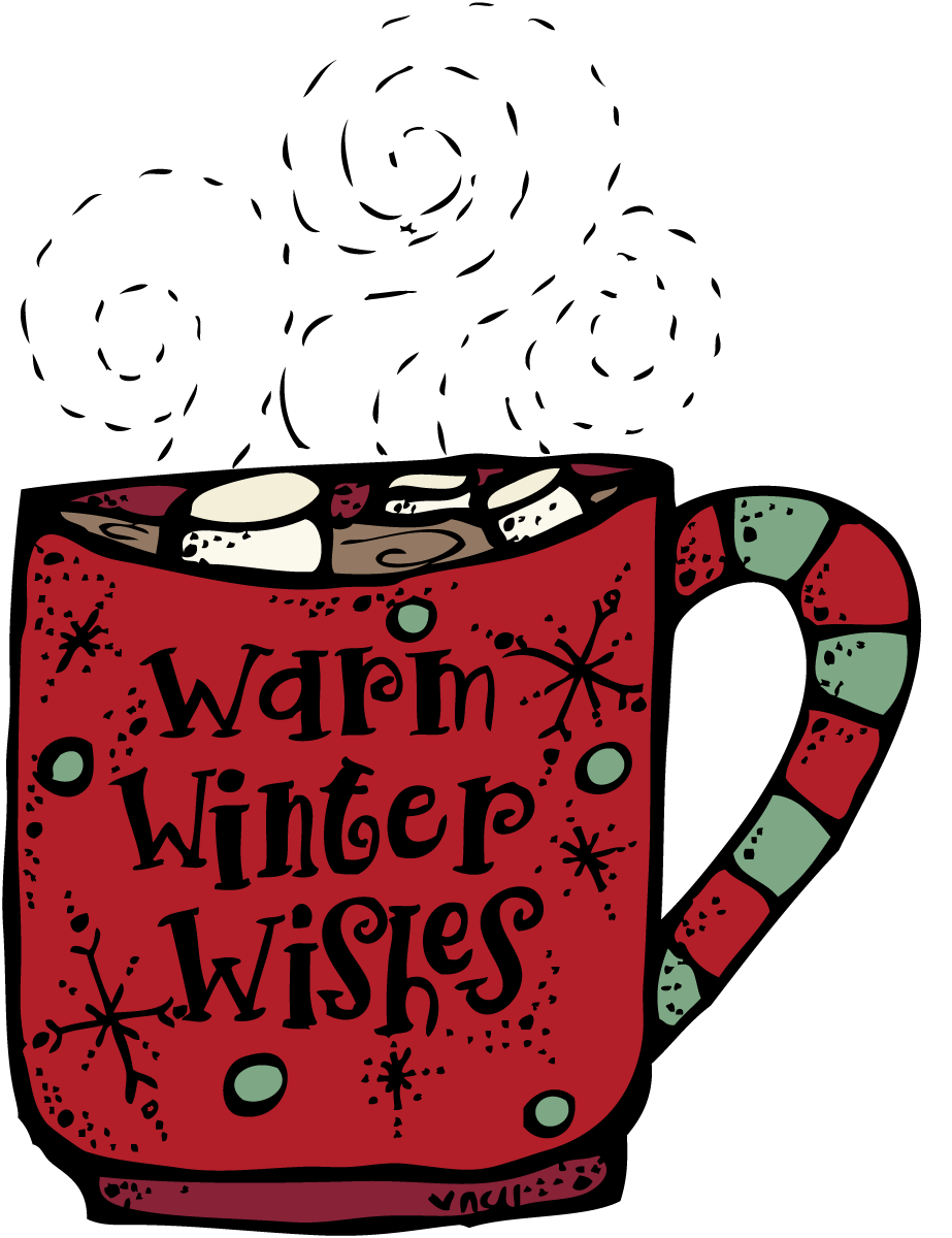 Red mug with "Warm Winter Wishes" text, filled with hot cocoa and marshmallows, decorated with snowflakes and festive colors.