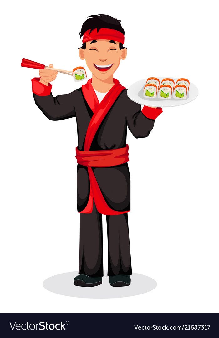 Smiling chef in black and red uniform holding sushi plate and chopsticks with a roll.