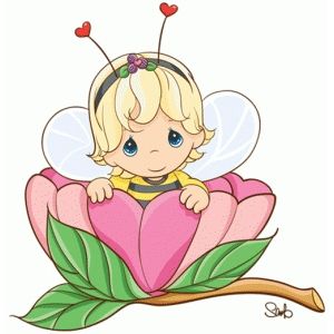 Cute blonde fairy with bee antennae and wings peeking from a pink flower.
