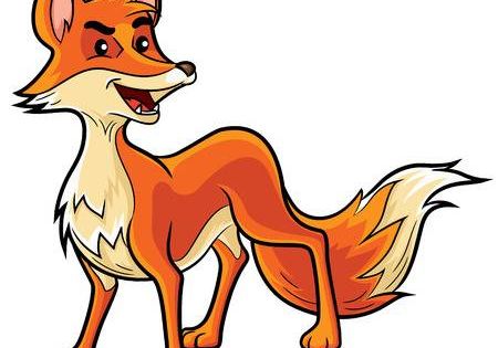 Cheerful cartoon fox with orange fur, white chest and tail tip, standing alert with a sly smile.
