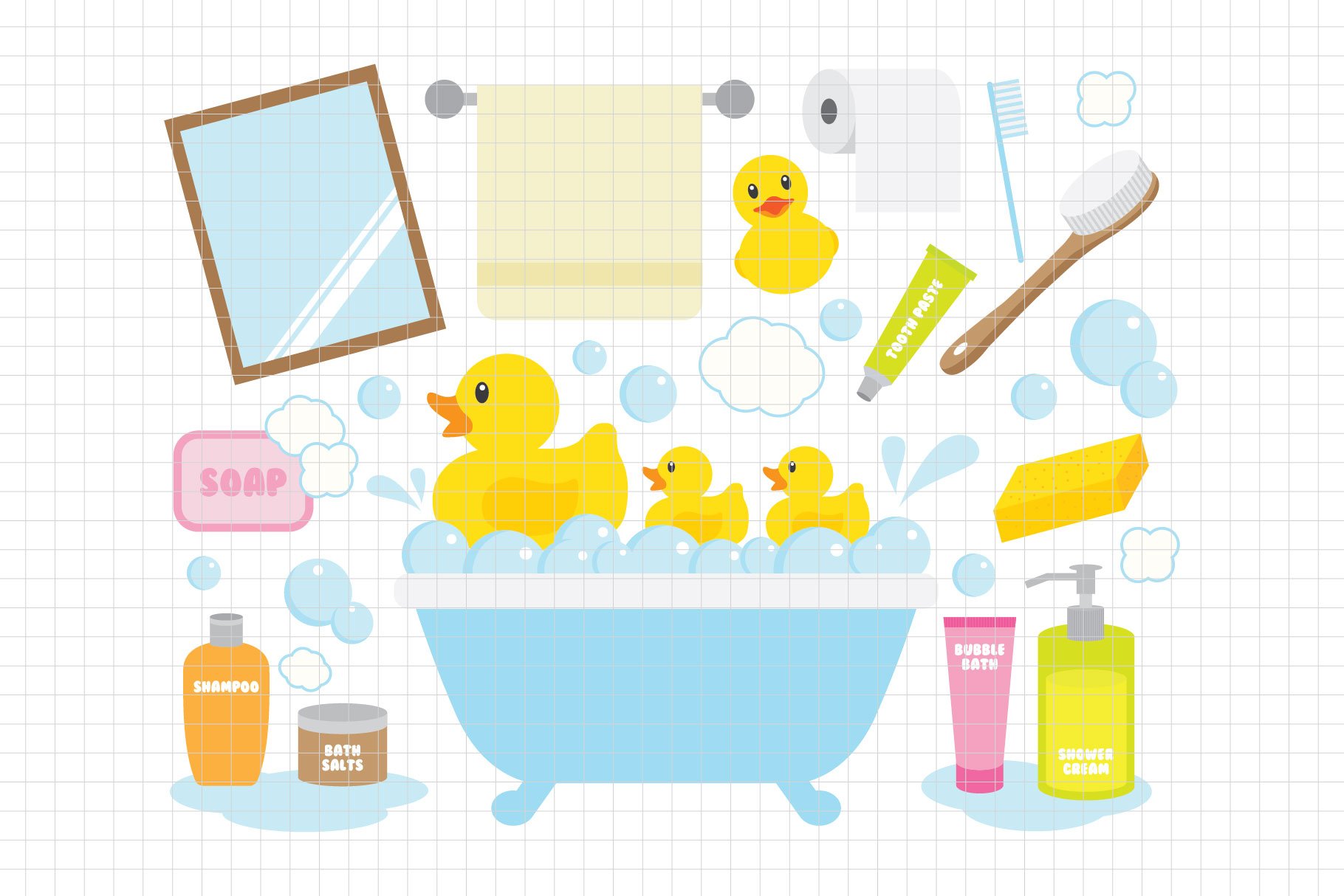 Bath time scene with rubber ducks, bathtub, soap, shampoo, toothpaste, towel, mirror, and bathroom accessories on grid background.