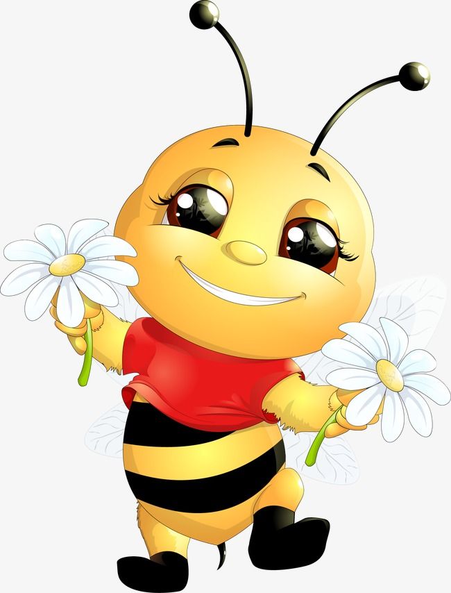 Cute cartoon bee wearing red shirt, holding two white daisies with big eyes and smile.
