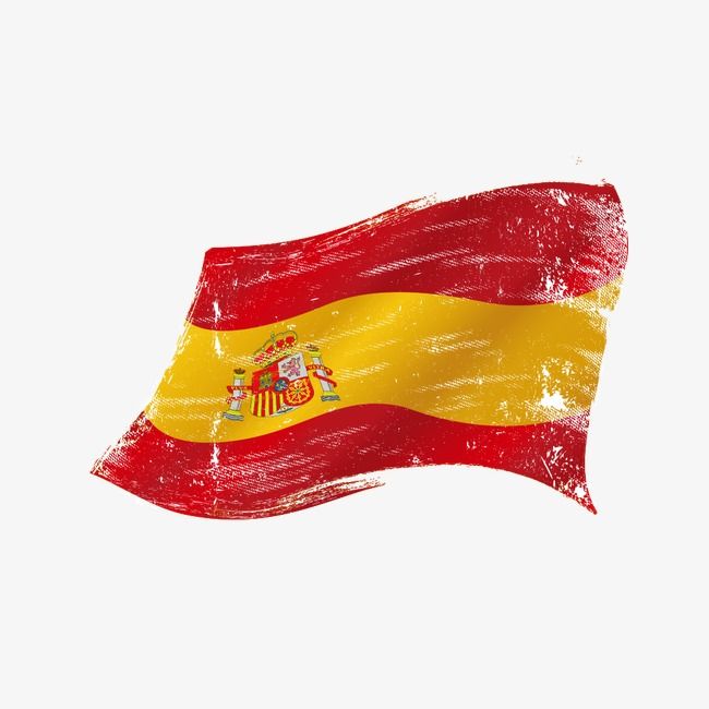 Grunge-style Spanish flag waving with textured red and yellow stripes and central coat of arms.