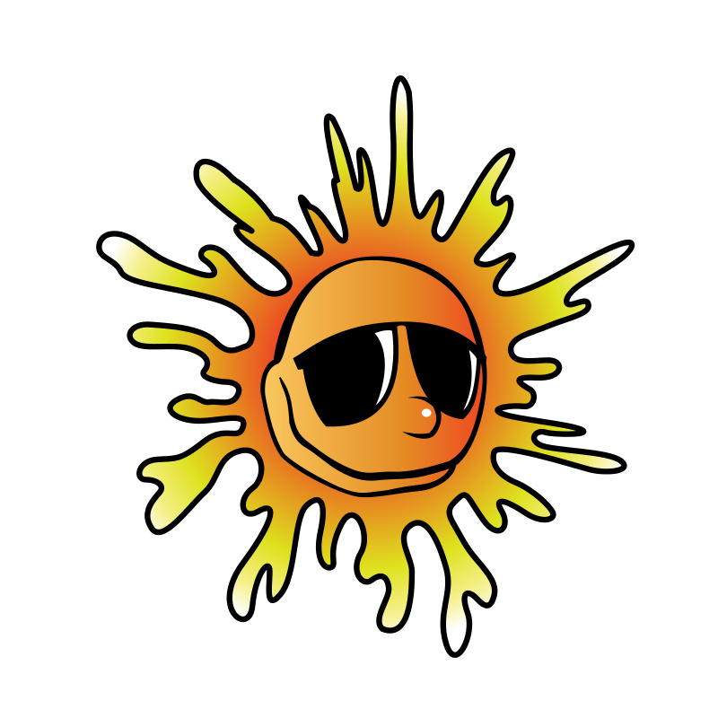 Stylized cartoon sun with sunglasses, expressive face, and vibrant yellow-orange rays on black background.