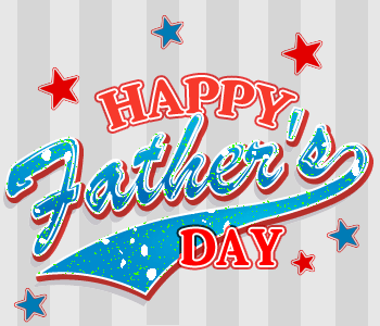 Colorful "Happy Father's Day" graphic with red, white, and blue stars on striped background.