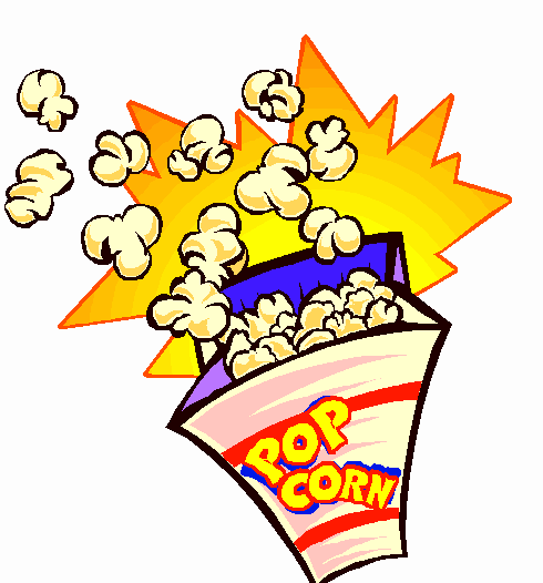 Cartoon-style popcorn bursting from a striped bag with explosive yellow background.