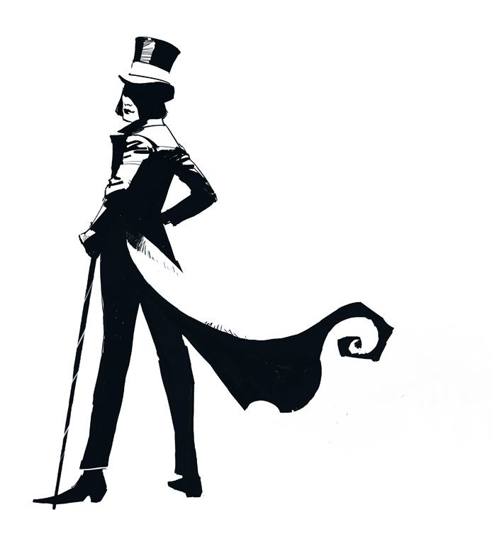 Silhouetted figure in top hat, tailcoat, and cane, posing confidently with flowing coat train.
