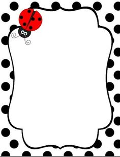 Red ladybug with black spots perched on a decorative white scalloped frame against a black-and-white polka dot background.