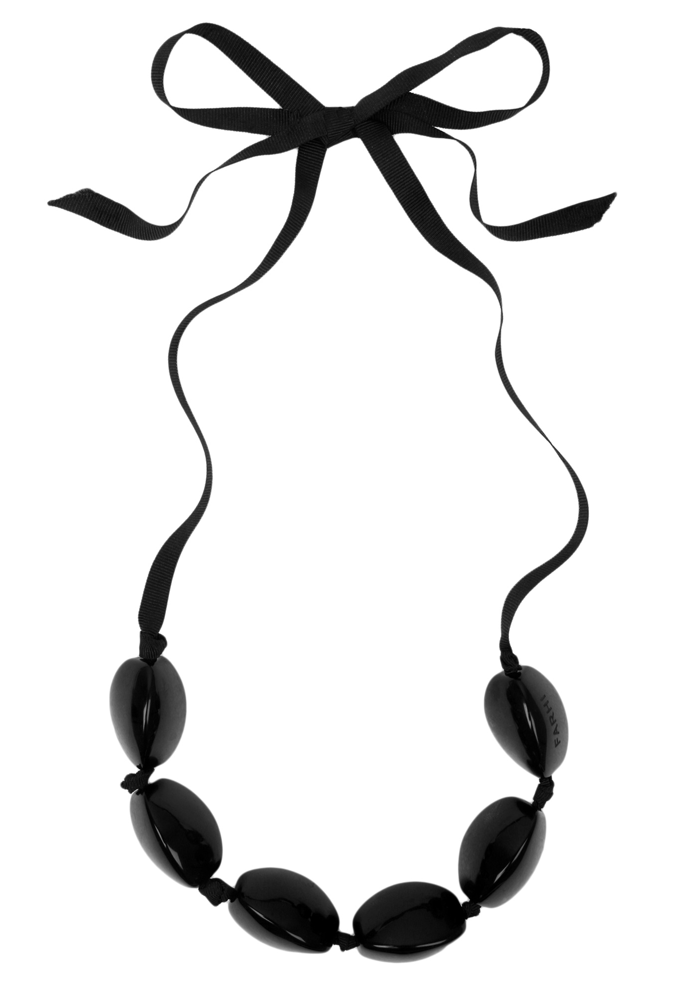 Black ribbon necklace with glossy oval beads and bow closure, one bead engraved "FARHI".