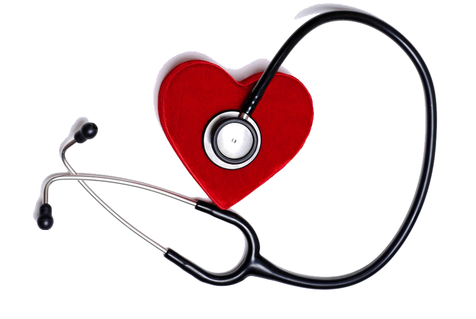Red heart with stethoscope draped over it, symbolizing cardiovascular health and medical care.