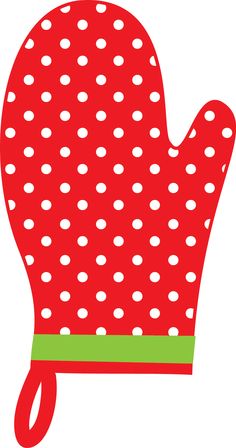 Red oven mitt with white polka dots and green trim, stylized illustration.