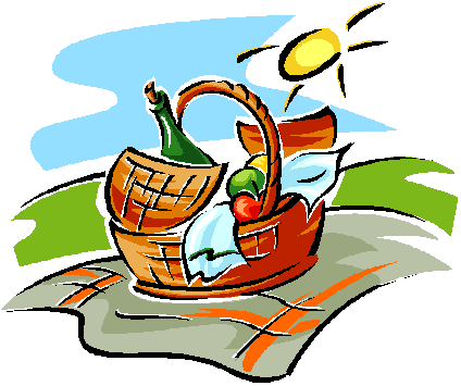 A colorful picnic basket with wine, fruit, and a blanket under a sunny sky.