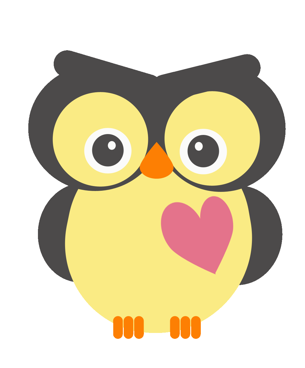 Cute cartoon owl with yellow face, large eyes, orange beak, pink heart on chest, and orange feet.
