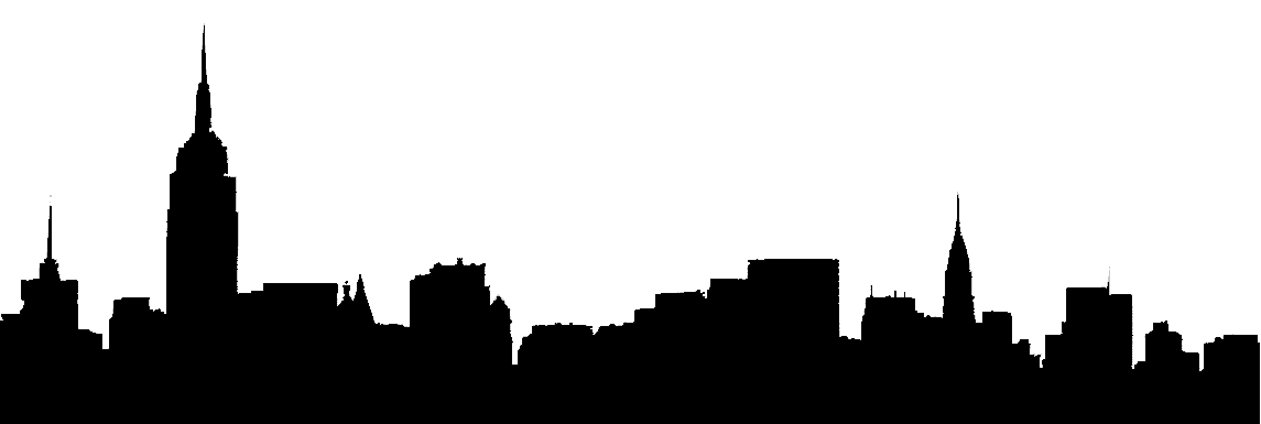Silhouette of a city skyline with prominent skyscrapers and architectural details against a white background.