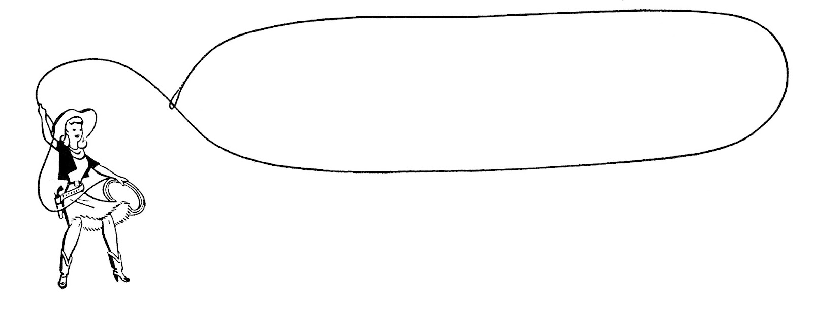Vintage-style line drawing of a cowgirl in a wide-brimmed hat swinging a lasso in a large loop.