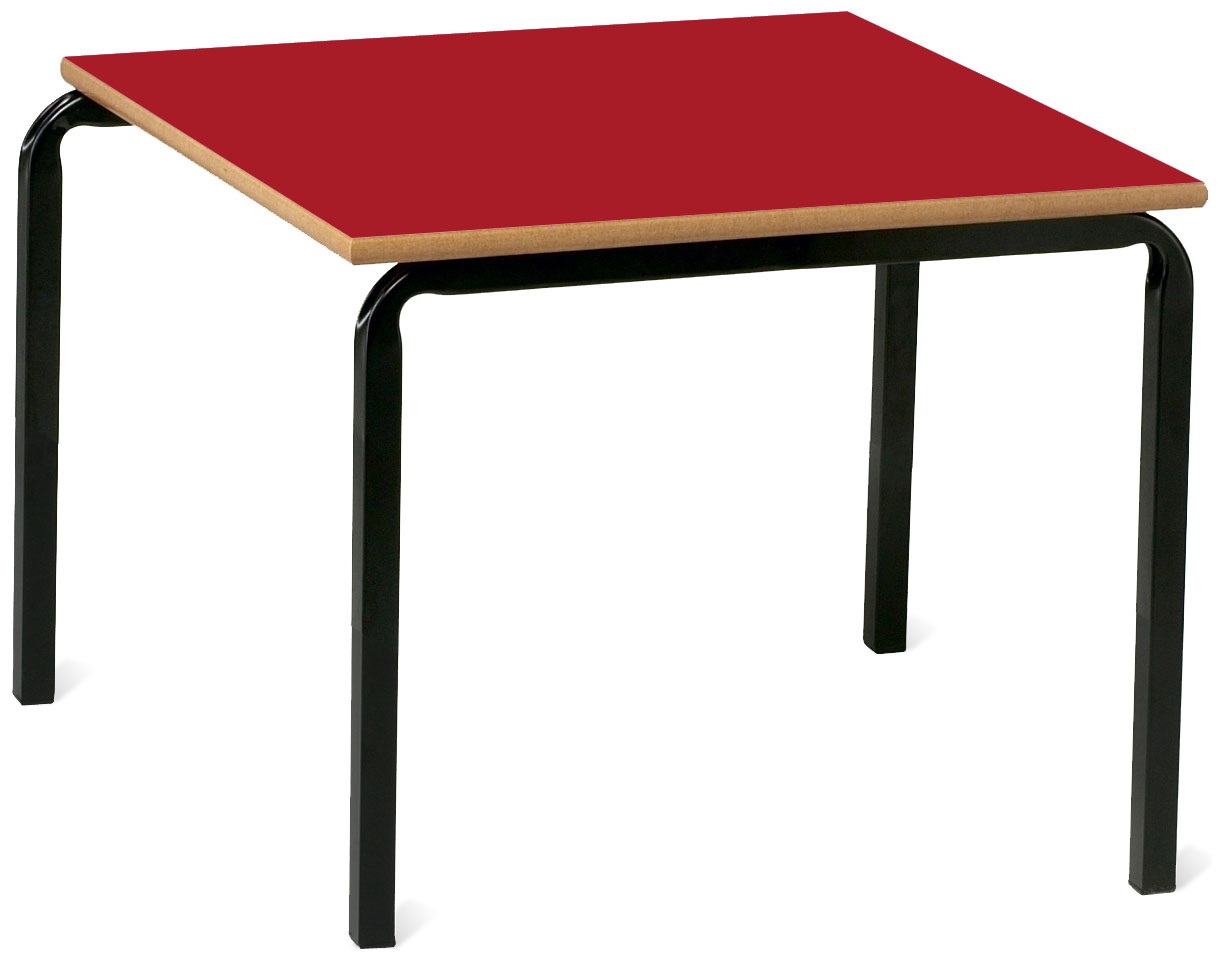 Modern square table with red laminate top and black tubular steel legs, minimalist design on white background.