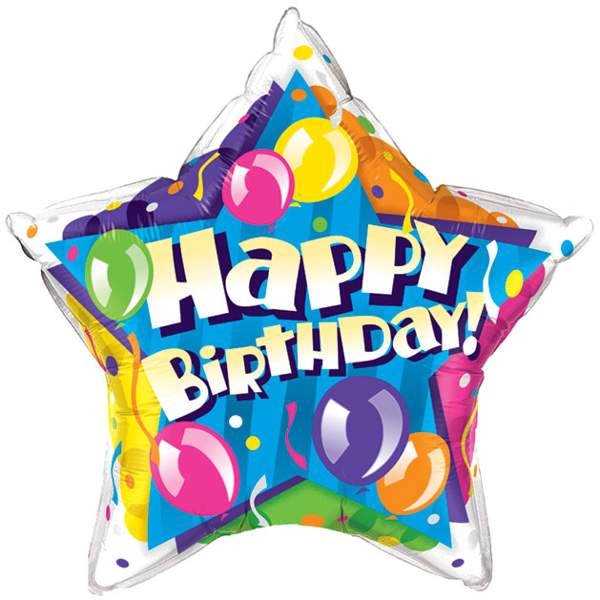 Star-shaped foil balloon with "Happy Birthday!" text and colorful balloons and confetti design.
