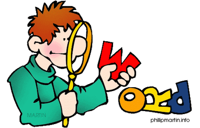 A cartoon boy with red hair uses a magnifying glass to examine colorful letter blocks spelling "WORD".