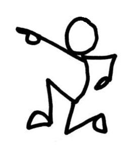 A simple black-and-white stick figure running while pointing forward with one arm and holding a musical note in the other.