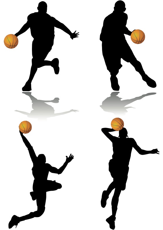 Four dynamic basketball player silhouettes in action poses with orange balls and subtle shadows on white background.