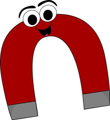 Friendly red horseshoe magnet with cartoon eyes, smile, and gray poles.
