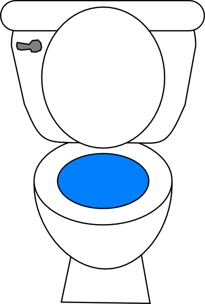 Simple line drawing of a toilet with blue water in the bowl and a flush handle on the tank.