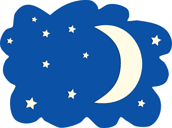A stylized blue night sky with a cream-colored crescent moon and white stars inside a cloud-like border.