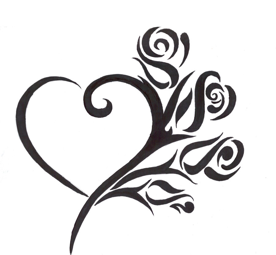 Tribal-style black-and-white heart with swirling rose motifs and leafy vines.